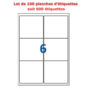 Lot de 100 Planches étiquettes autocollantes blanches sur feuille A4 : 99 x 93 1 mm (6 étiquettes)