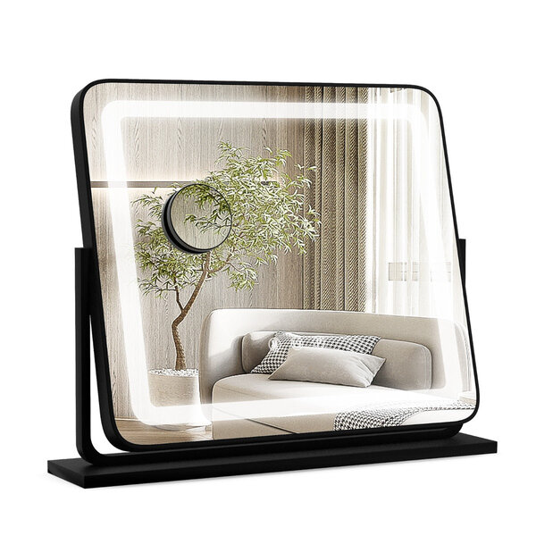 Miroir de maquillage LED lumineux 56 x 48 x 12 cm grossissement 5X rotation 360° ambiance cosy en métal noir 20_0019254