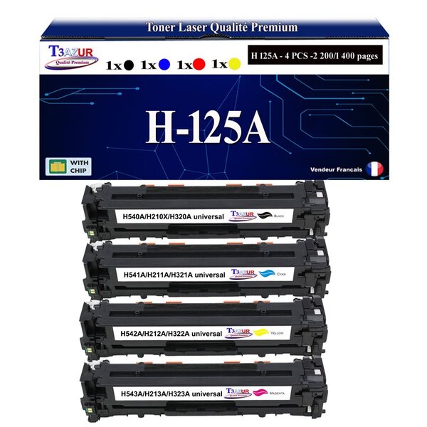 T3AZUR - 4x Cartouches compatibles avec 125A pour HP Color LaserJet CP1514N CP1515 CP1515N CP1516N CP1517N CP1517NI CP1518NI CP1519 CP1519NI (CB540A)