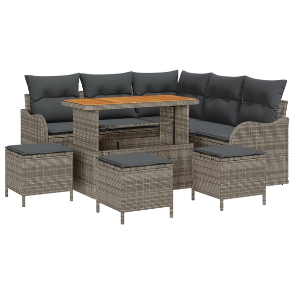 Canapé de jardin 9 pièces avec coussins gris poly rotin acacia