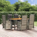 vidaXL Ensemble à manger jardin et coussins 7 Pièces gris rotin