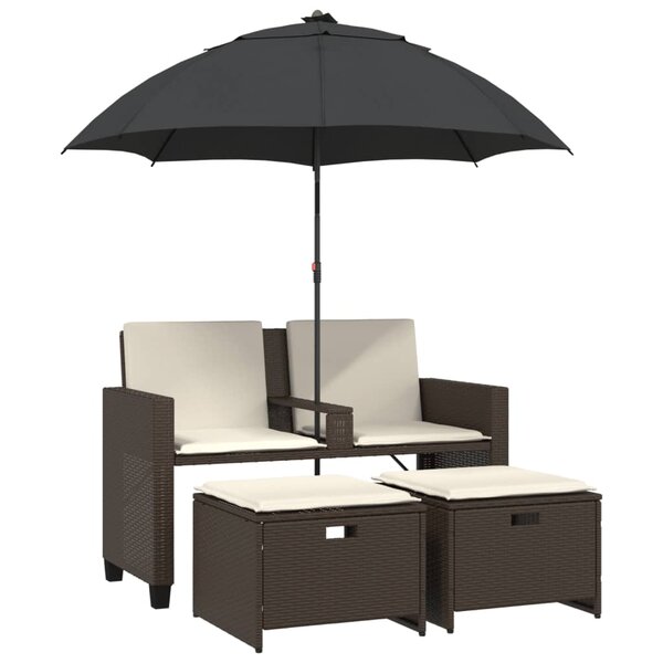 vidaXL Canapé de jardin 2 places et parasol et tabourets marron rotin