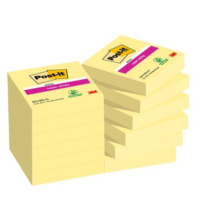 Notes jaunes super sticky post-it 51 x 51 mm - bloc de 90 feuilles - lot de 12