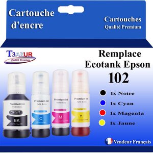 T3AZUR - 4x Recharges compatibles avec Epson EcoTank ET-3750  ET-3850  ET-4750  ET-4850  ET-4856  102