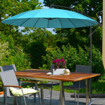 Parasol déporté rond inclinable manivelle piètement mât métal. Dim. Ø 2 96 x 2 6h m polyester haute densité bleu ciel