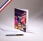 Carte double carnet de couleurs créée et imprimée en france sur papier certifié pefc - bon anniversaire - colibri et fleurs