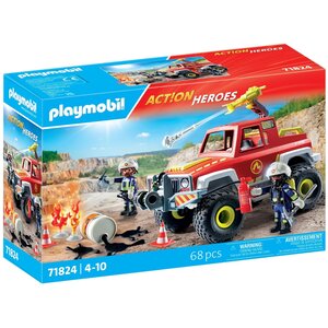PLAYMOBIL 71824 - Action Heroes Véhicule de pompiers avec bidon d'essence enflammé