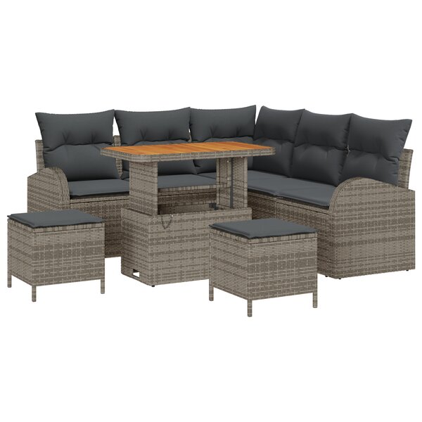 Set de canapé de jardin de 8 pièces avec coussins gris en poly rattan et acacia