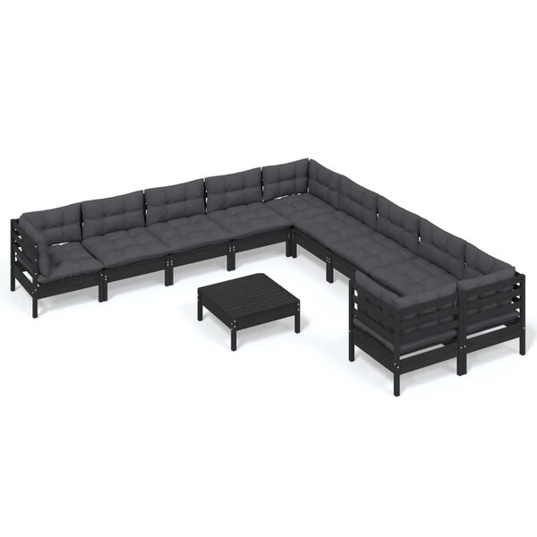 vidaXL Salon de jardin 11 Pièces avec coussins Noir Bois de pin