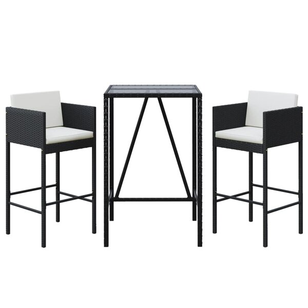 vidaXL Ensemble de bar de jardin 3 Pièces avec coussins noir poly rotin
