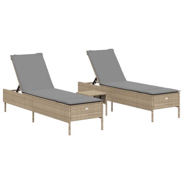 vidaXL Ensemble de chaises longues avec coussins 3Pièces beige poly rotin