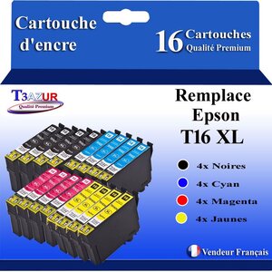 T3AZUR- 16x Cartouches Compatibles avec Epson 16XL 16 XL remplace Epson Workforce WF-2750 WF-2760 WF-2660 WF-2650 WF-2630 WF-2540 WF-2530 WF-2510 WF-2010