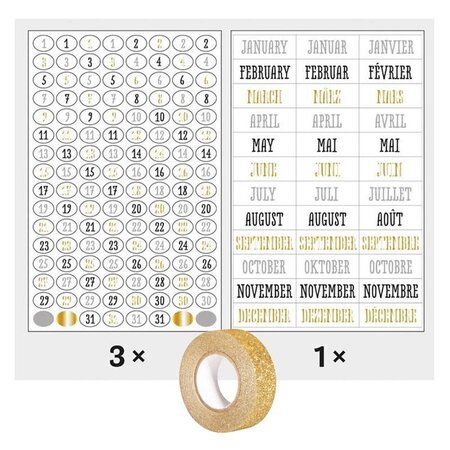 420 stickers dates Bullet journal noir-gris-doré + masking tape doré à paillettes 5 m