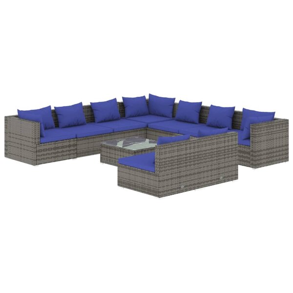 vidaXL Salon de jardin 10 Pièces avec coussins Gris Résine tressée