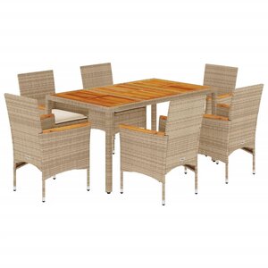 vidaXL Ensemble à manger de jardin et coussins 7Pièces beige rotin acacia
