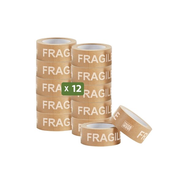 Pack and Move - Lot 12 rouleaux ruban adhésif kraft "Fragile" pour emballage et déménagement - 50 m - Qualité Premium