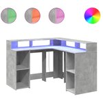 Bureau table poste de travail meuble d'ordinateur informatique étude et lumières LED 130 x 130 x 91cm bois ingénierie gris 02_0023798
