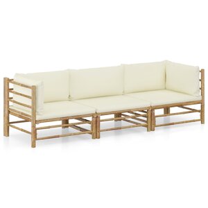 Salon de jardin meuble d'extérieur ensemble de mobilier 3 pièces avec coussins blanc crème bambou 02_0015922