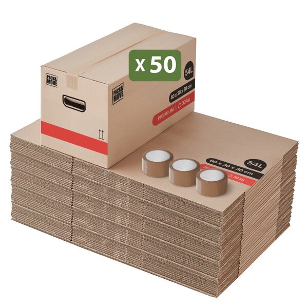 Pack and Move - Lot 50 Cartons Déménagement Premium - 60 X 30 X 30 - Extrême Résistance 20KG - Réutilisable - Poignées Renforcées - 3 Adhésifs Offerts
