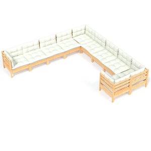 Salon de jardin meuble d'extérieur ensemble de mobilier 10 pièces avec coussins crème bois de pin 02_0015018