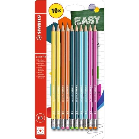 Blister x 10 crayons graphite STABILO pencil 160 bout gomme HB - 5 coloris assortis