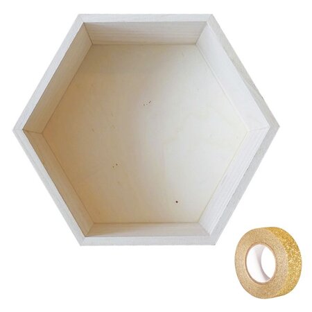 Etagère hexagone bois 27 x 23 5 x 10 cm + masking tape doré à paillettes 5 m