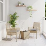 Ensemble de Bistro de Jardin 3 Pièces avec Coussins Beige en Poly Rattan