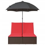 vidaXL Chaise longue double avec coussins et parasol marron poly rotin