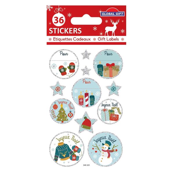 36 étiquettes adhésives de Noël - Paillettes argentées