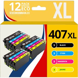 123CONSOMMABLES - Pack de 12 Cartouches d'encre compatibles avec Epson 407XL WorkForce Pro WF-4745DTWF (3 Noires  3 Cyan  3 Magenta  3 Jaune)