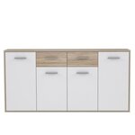 PILVI Buffet bas 4 portes 4 tiroirs - Blanc et chene sonoma - L 162,3 x P 34,2 x H 88,1 cm