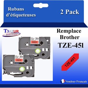 2x Rubans d'étiqueteuses compatibles avec Brother Tze451  Tze-451 pour étiqueteuses P-touch - Texte noir sur fond rouge - T3AZUR