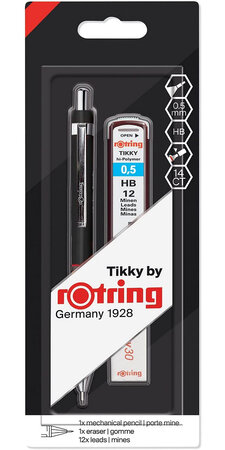 rOtring Tikky 1 Porte-mine Noir 0 5mm  1 étui de 12 mines 0 5mm HB  1 gomme - Blister