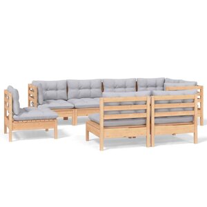 vidaXL Salon de jardin 8 Pièces avec coussins gris Bois de pin massif