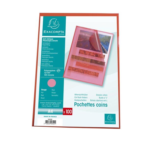 Sachet 100 Pochettes Polypropylène Grainé 12/100e - A4 - Rouge - Exacompta