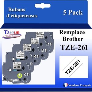 5x Rubans d'étiqueteuses compatibles avec Brother Tze261  Tze-261 pour étiqueteuses P-touch - Texte noir sur fond blanc - Largeur 36 mm x 8 mètres - T3AZUR