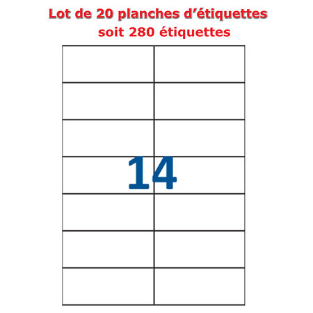 Lot de 20 Planches étiquettes autocollantes blanches sur feuille A4 : 105 x 42 3 mm (14 étiquettes)