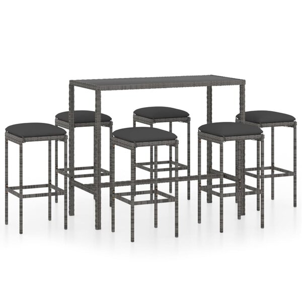 vidaXL Ensemble de bar de jardin 7 Pièces et coussins Résine tressée Gris