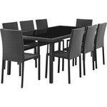 Ensemble repas de jardin - table en verre trempé et 8 chaises en résine tressée noir - Table 200 x 100 x73 cm - Chaise : 44 x 54 x 8