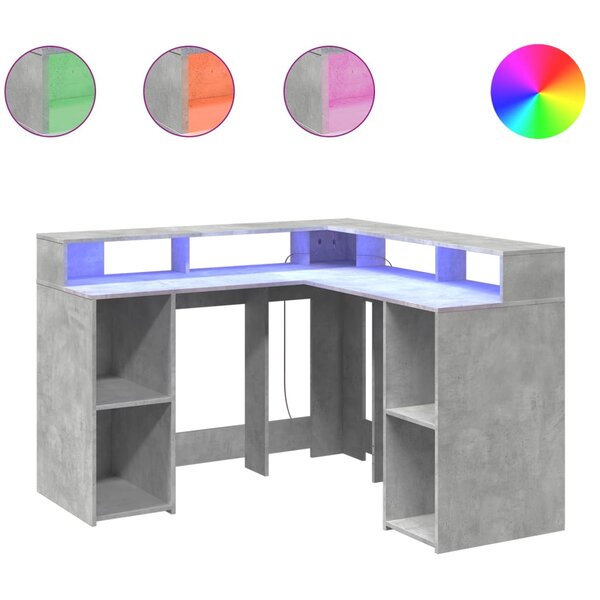vidaXL Bureau et lumières LED gris béton 130x130x91cm bois ingénierie