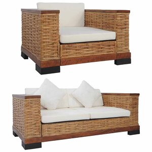 vidaXL Ensemble de canapés 3 Pièces avec coussins Marron Rotin naturel