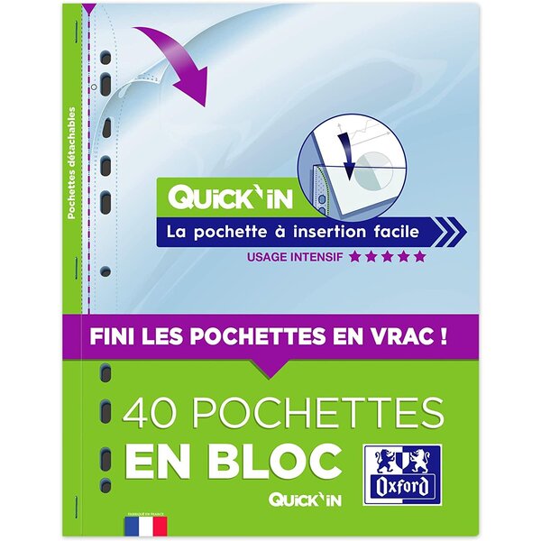 Bloc détachable de 40 pochettes perforées Quick'in 9/100ème incolore OXFORD