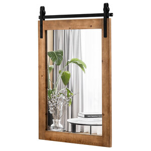 Miroir mural rustique 76 x 56 cm HD antidéflagrant style porte de grange ambiance chaleureuse en bois massif marron 20_0019660