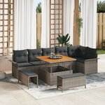 Ensemble de canapé de jardin de 9 pièces avec coussins gris poly rotin acacia