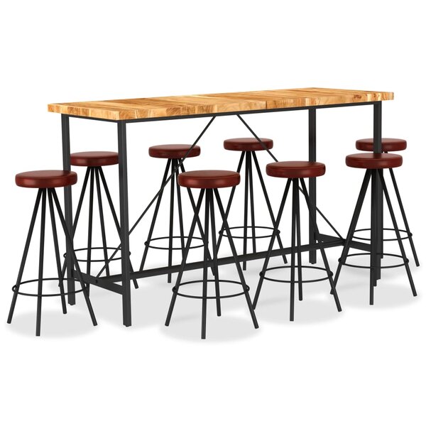 vidaXL Ensemble de bar 9 Pièces Bois d'acacia solide et cuir véritable
