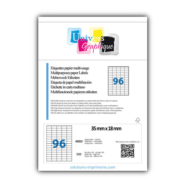Lot de 500 planches a4 de 96 étiquettes à bords vifs 35 x 18 mm en papier blanc 70g/m² multifonction