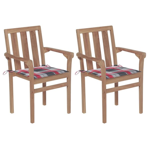vidaXL Chaises de jardin lot de 2 avec coussins à carreaux rouge Teck