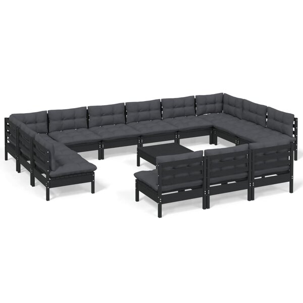 vidaXL Salon de jardin 14 Pièces avec coussins Noir Bois de pin solide