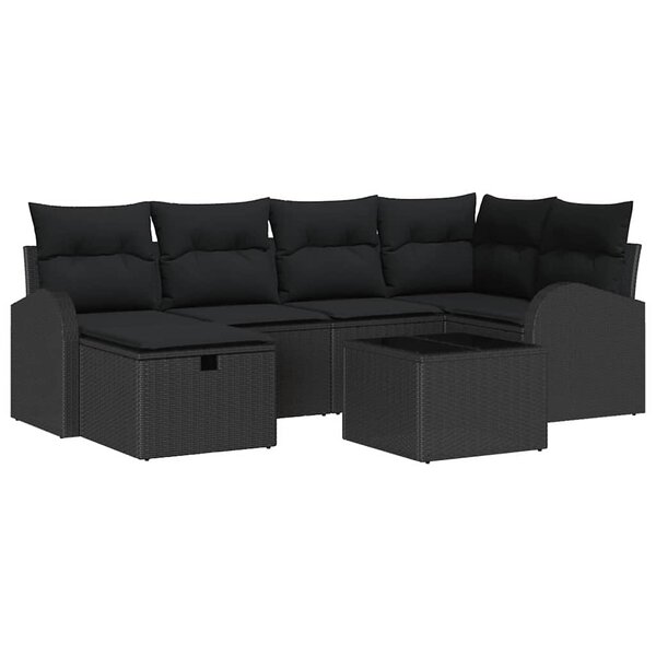 vidaXL Ensemble de canapé de jardin avec coussin 7 Pièces Noir Poly rotin