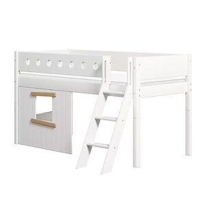 Flexa WHITE Lit mi-hauteur avec echelle inclinee 90 x 200 cm Facades cabane cadre chene Barriere de securite classique Blanc et chene
